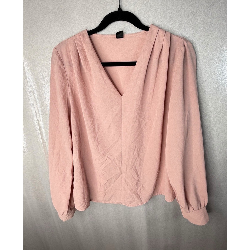 Shein Women's Pink Solid V-Neck Long Sleeve Blouse Top Regular Size L